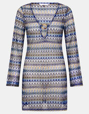 Sheer Stitch Beach Cover-Up Mini Dress, Blue (BLUE), large