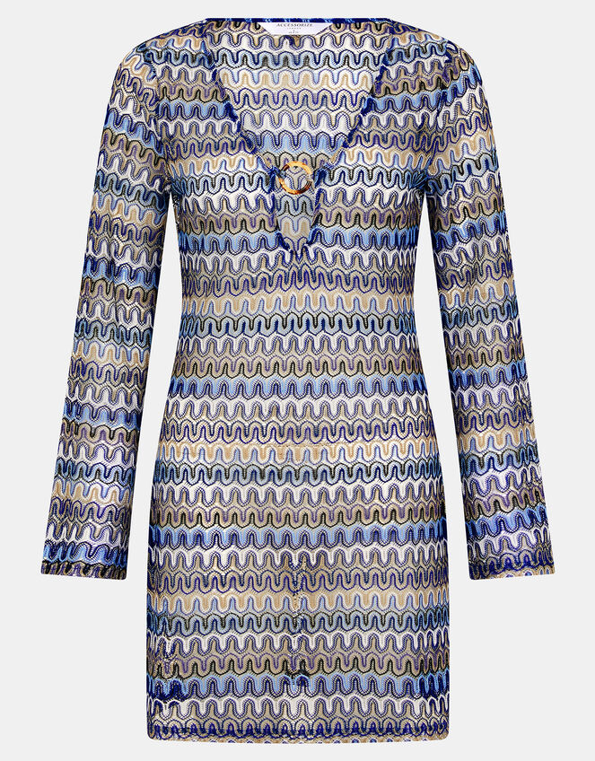 Sheer Stitch Beach Cover-Up Mini Dress, Blue (BLUE), large