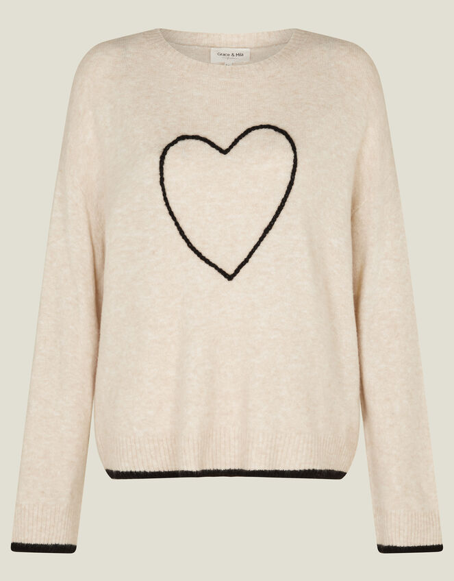 Grace & Mila Embroidered Heart Crew Neck Jumper, Camel (BEIGE), large