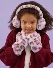 Girls Fluffy Leopard Print Mittens, Leopard (LEOPARD), large