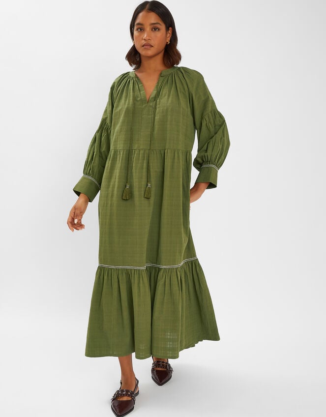 Long-Sleeve Tiered Maxi Dress, Green (KHAKI), large