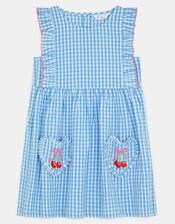 Girls Cherry Gingham Dress, Blue (BLUE), large