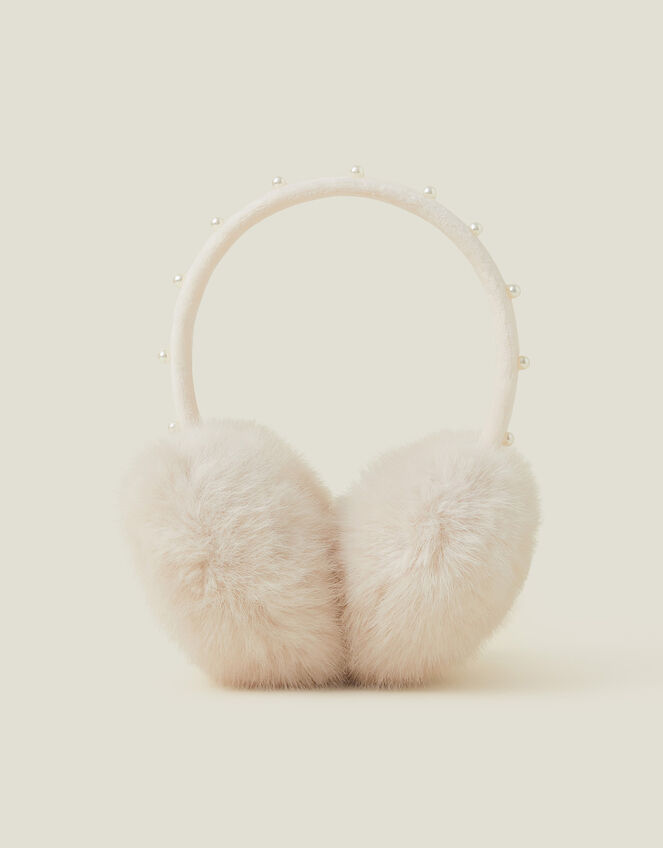 Girls Faux Fur Pearl Earmuffs, , large