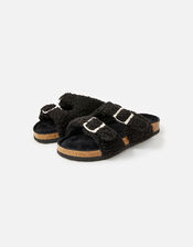 Buckle Footbed Borg Slippers, Black (BLACK), large