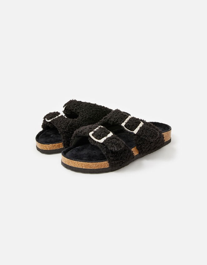 Buckle Footbed Borg Slippers, Black (BLACK), large