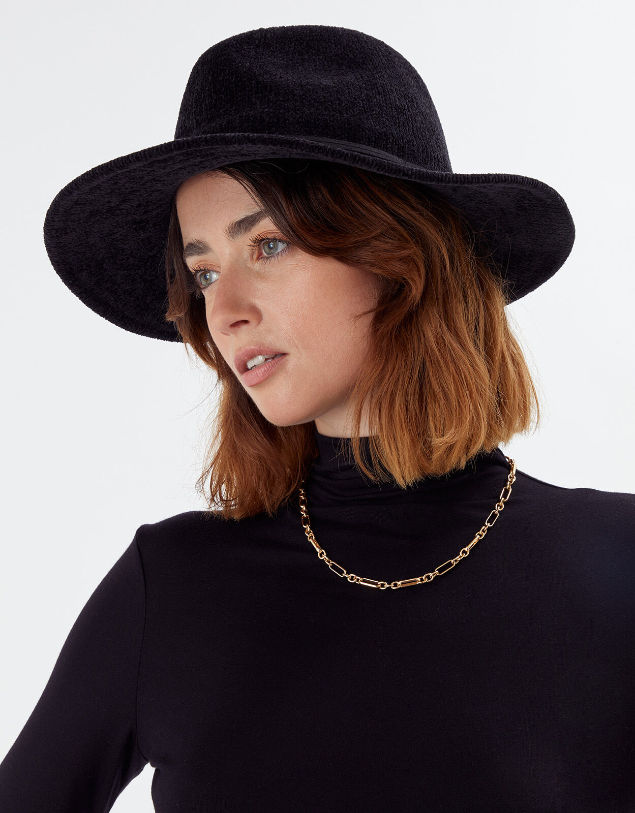Chenille Packable Fedora Hat Black 