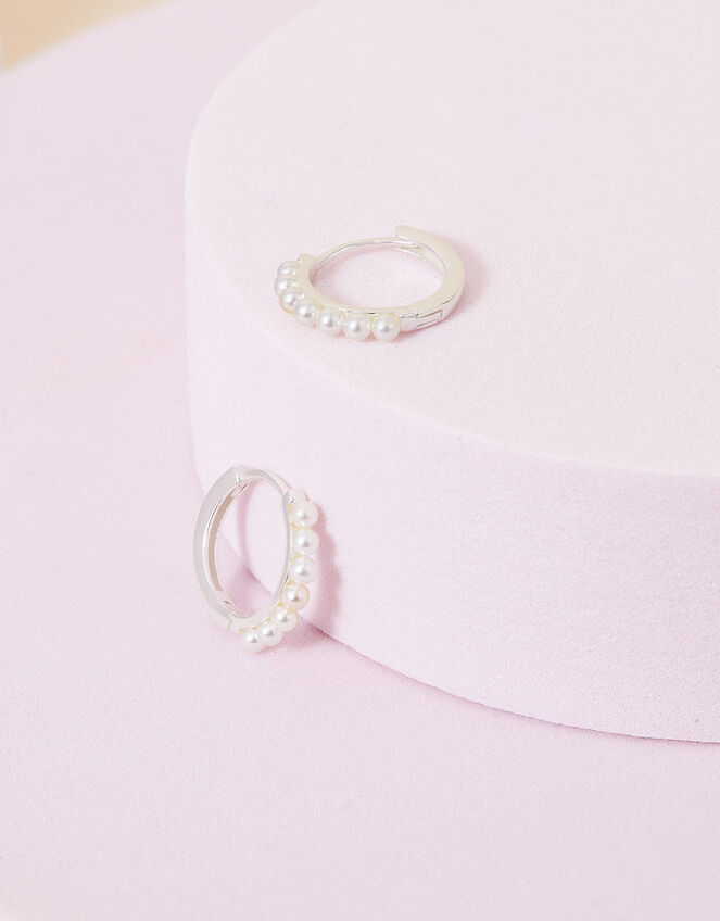 Sterling Silver-Plated Pearl Pave Huggie Hoops, , large