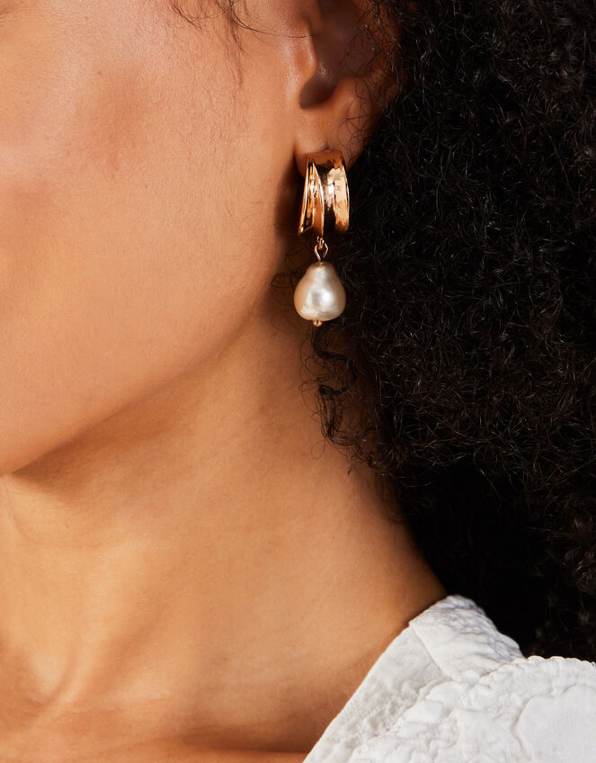 Chunky Hoop Pearl Drop Earrings, , large