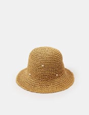 Beaded Flower Straw Bucket Hat, , large