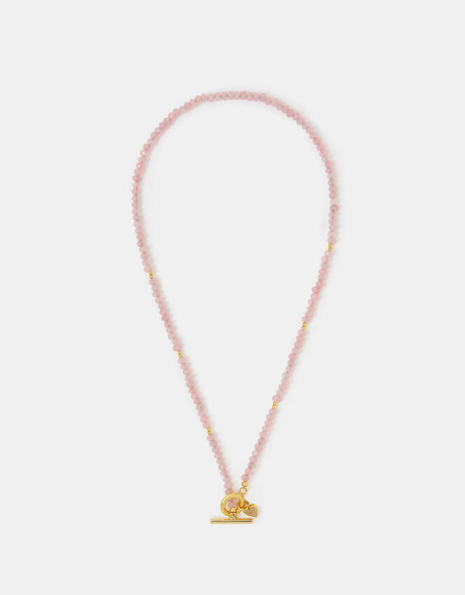 14ct Gold-Plated Healing Stone Bead T-Bar Necklace, Pink (ROSE PINK), large