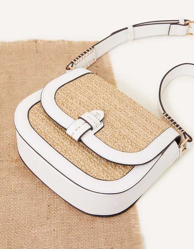 Raffia Flap Cross-Body Bag, White (WHITE), large