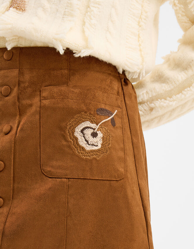 Floral Embroidered Faux Suede Mini Skirt, Tan (TAN), large