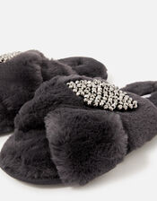 Beaded Fluffy Cross-Over Slippers, Grey (GREY), large