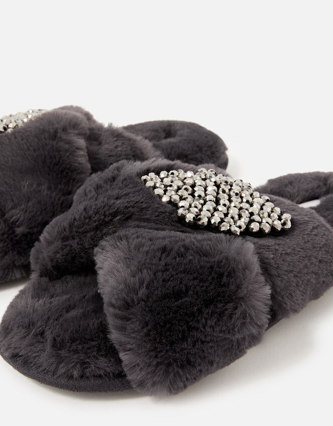 Beaded Fluffy Cross-Over Slippers, Grey (GREY), large
