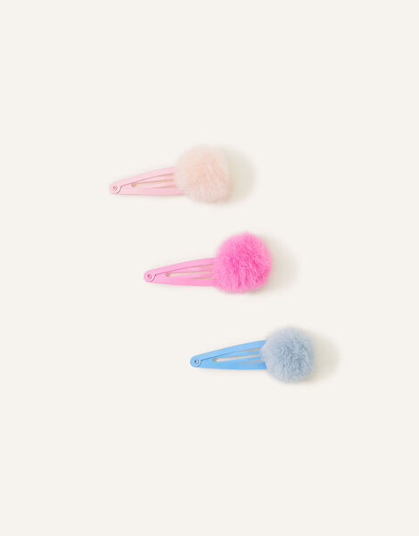 Girls Faux Fur Pom-Pom Hair Clips Set of Three, , large
