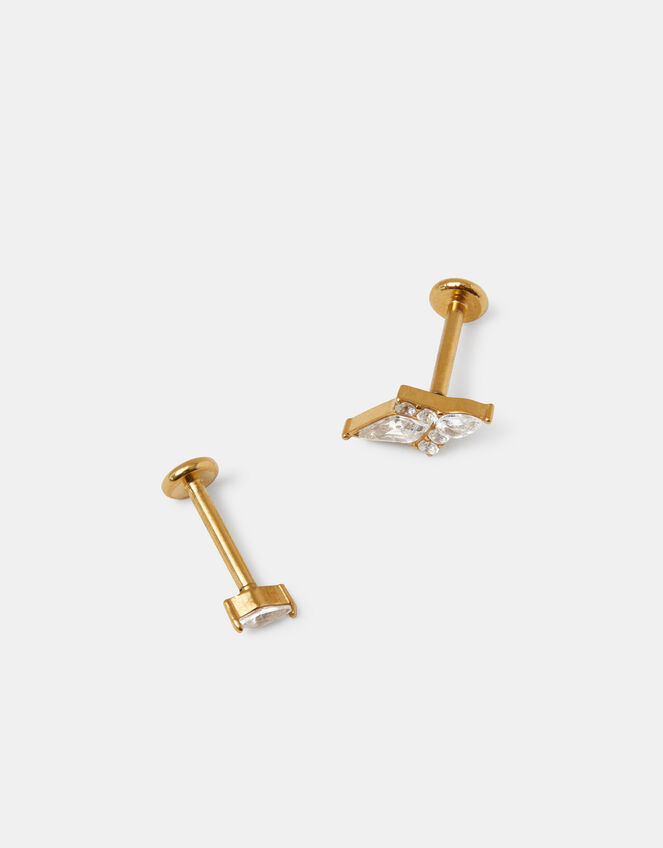 2-Pack 14ct Gold-Plated Surgical Steel Diamond Flatback Stud Earrings, , large