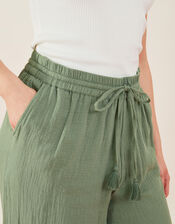 Crinkle Tie Waist Beach Trousers, Green (KHAKI), large