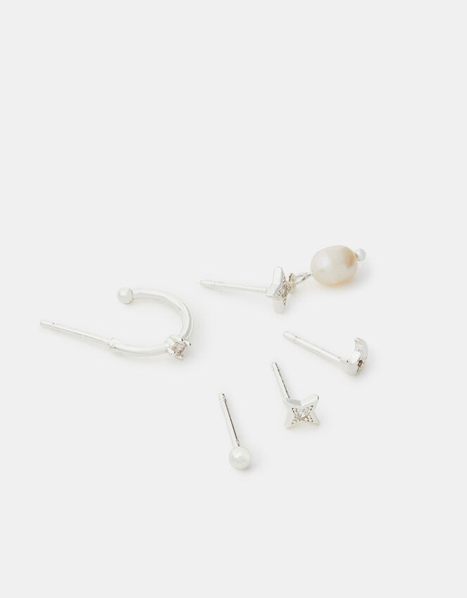 5-Pack Sterling Silver-Plated Pearl Stud & Hoop Earrings, , large