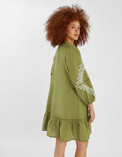 Embroidered Long Sleeve Mini Dress, Green (KHAKI), large