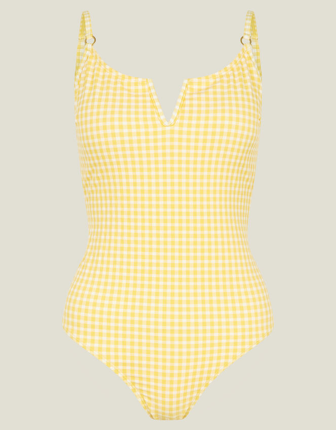 V-Front Gingham Swimsuit, Yellow (YELLOW), large