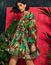 Jungle Print Long Sleeve Mini Beach Dress, Green (GREEN), large