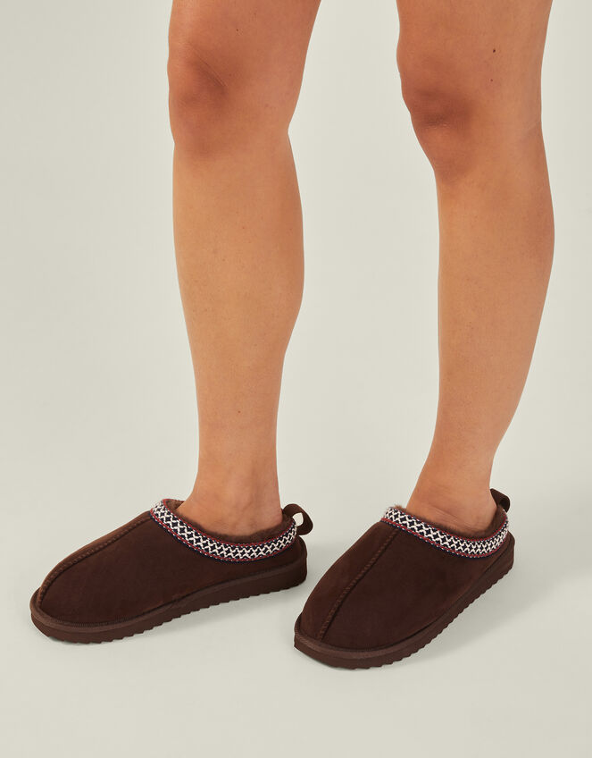 Embroidered Suedette Mule Slippers, Brown (CHOCOLATE), large