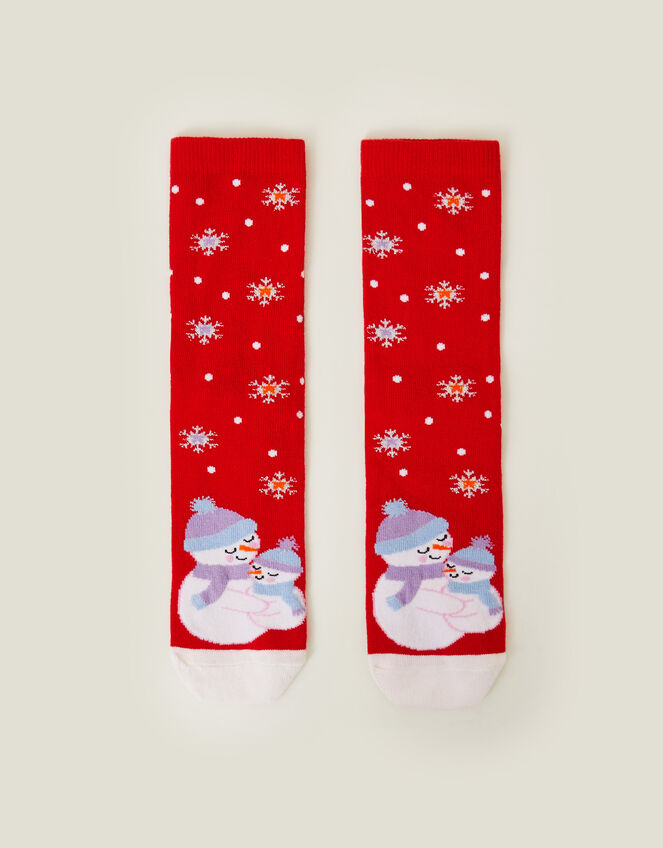 Girls Hugging Snowman Socks, Red (RED), large