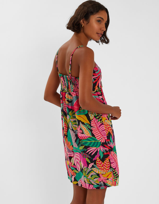 Tropical Print Tie Front Mini Dress, Black (BLACK), large