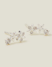 Sterling Silver-Plated Sparkle Flower Climber Earrings, , large