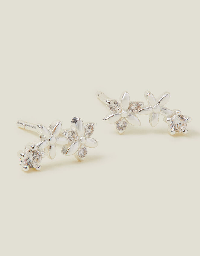Sterling Silver-Plated Sparkle Flower Climber Earrings, , large