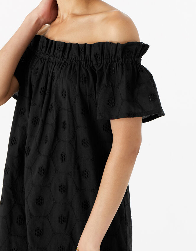 Schiffli Bardot Dress in Organic Cotton, Black (BLACK), large