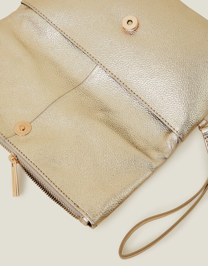 Leather Metallic Fold Over Clutch, Gold (GOLD), large