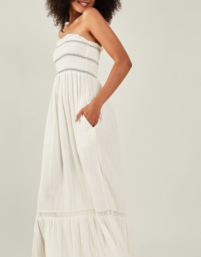 Shirred Bandeau Midi Dress, Ivory (IVORY), large