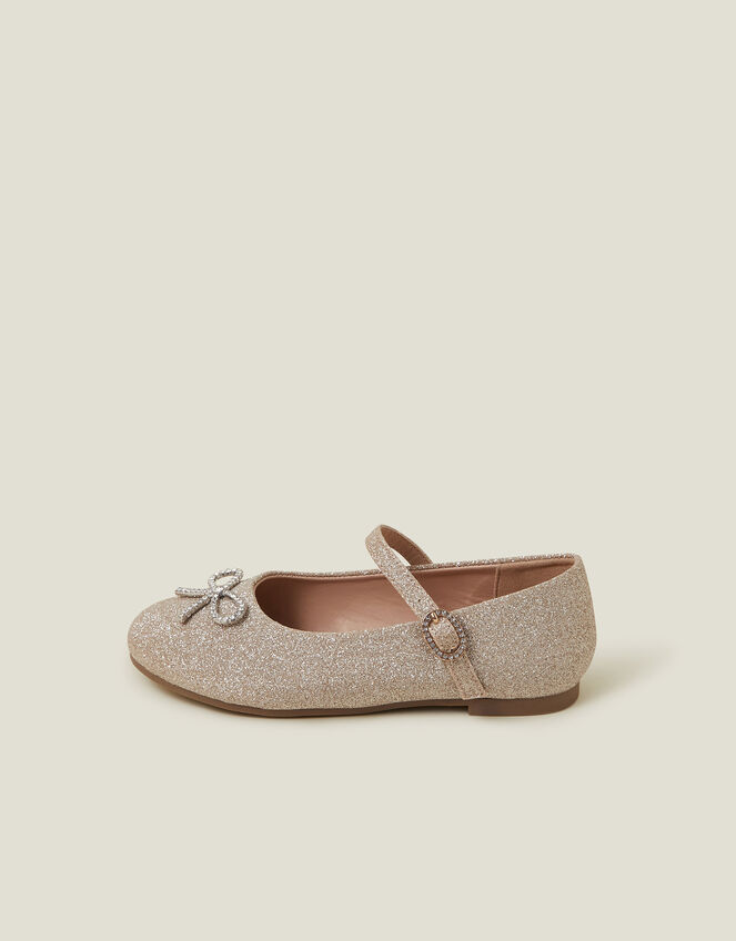 Girls Diamante Bow Glitter Ballet Flats, Gold (GOLD), large