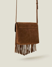 Leather Fringe Cross-Body Bag, Tan (TAN), large