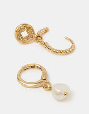 2-Pack 14ct Gold-Plated Pearl & Coin Hoop Earrings, , large