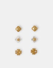 3-Pack 14ct Gold-Plated Mother of Pearl Clover Stud Earrings, , large