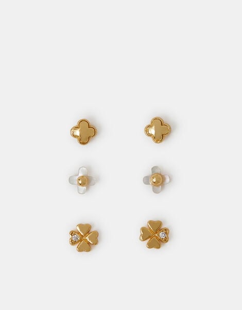 3-Pack 14ct Gold-Plated Mother of Pearl Clover Stud Earrings, , large