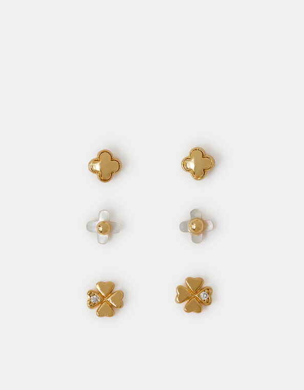 3-Pack 14ct Gold-Plated Mother of Pearl Clover Stud Earrings, , large