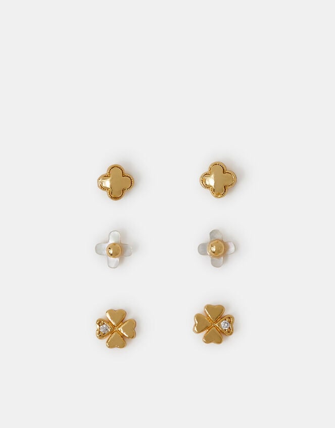 3-Pack 14ct Gold-Plated Mother of Pearl Clover Stud Earrings, , large