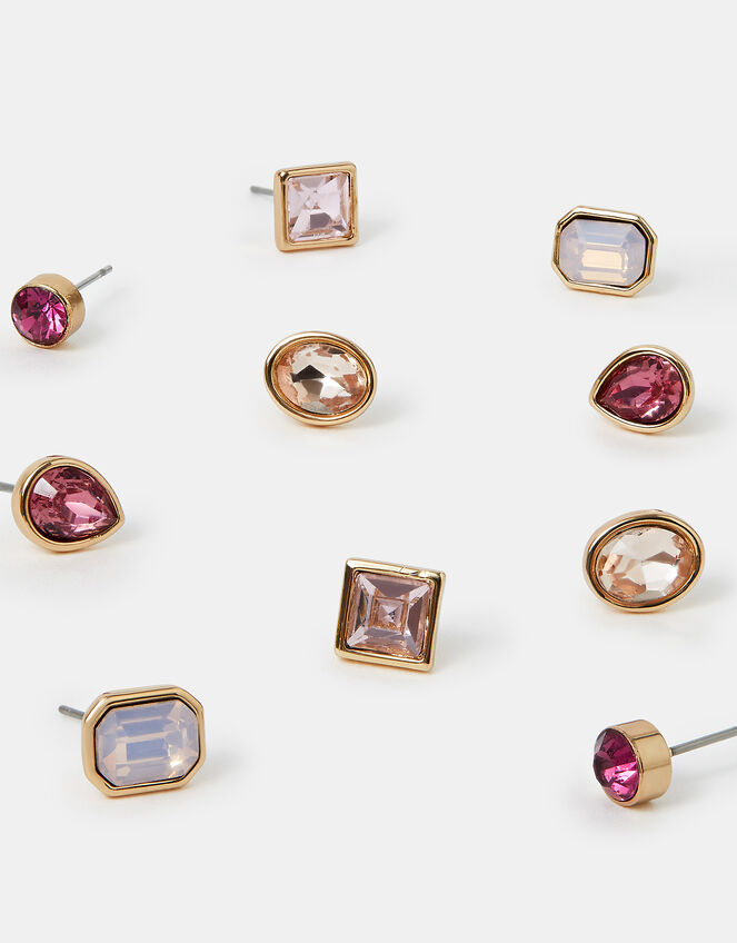5-Pack Gem Stud Earrings Pink, , large