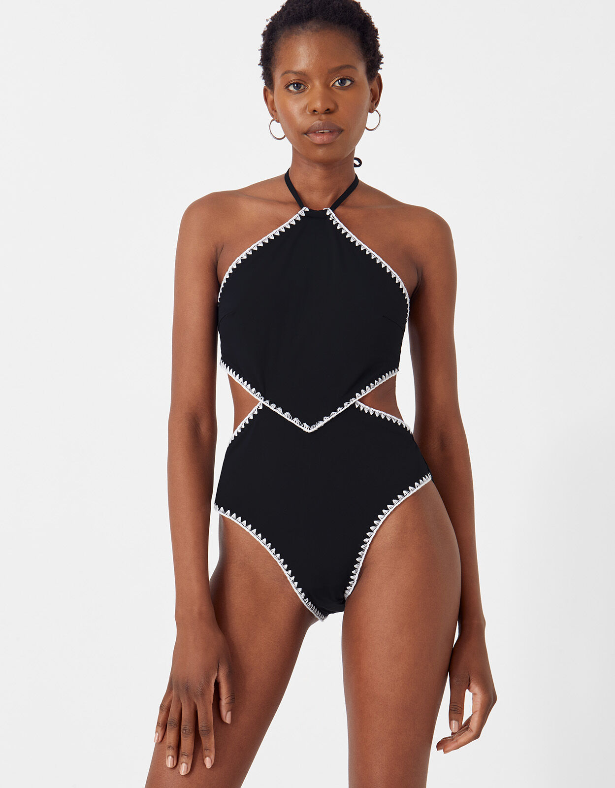 Blanket Stitch Halter Swimsuit Black Swimsuits Accessorize Global