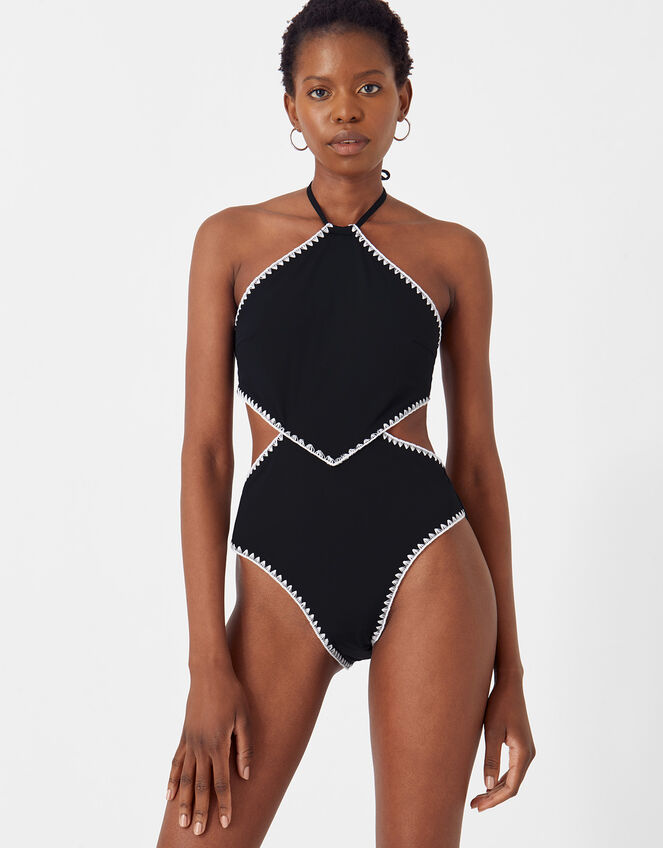 Blanket Stitch Halter Swimsuit, Black (BLACK WHITE), large
