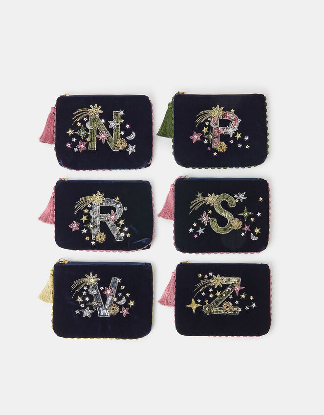 Embellished Initial Velvet Pouch, Blue (NAVY), large