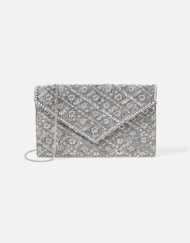 Tabitha Embellished Clutch Bag, Silver (SILVER), large