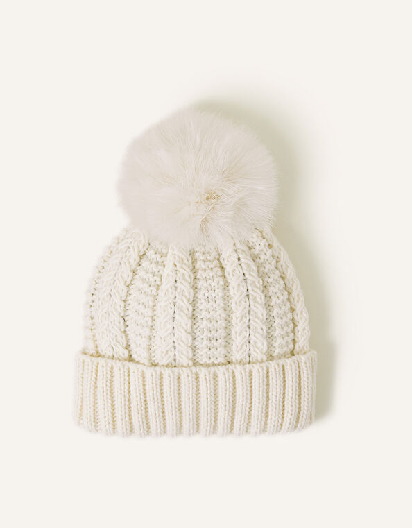 Faux Fur Pom-Pom Beanie Hat, Cream (CREAM), large
