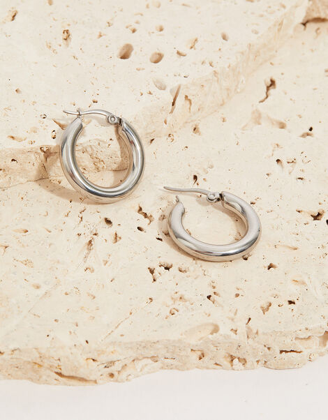 Stainless Steel Small Chunky Hoop Earrings, Silver (SILVER), large