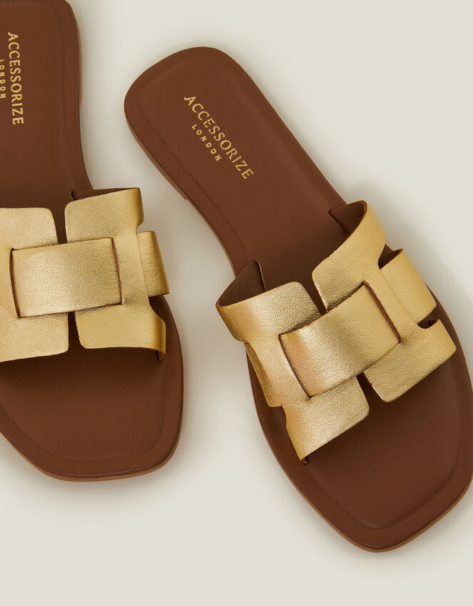 Metallic Leather Cut-Out Slide Sandals, Gold (GOLD), large