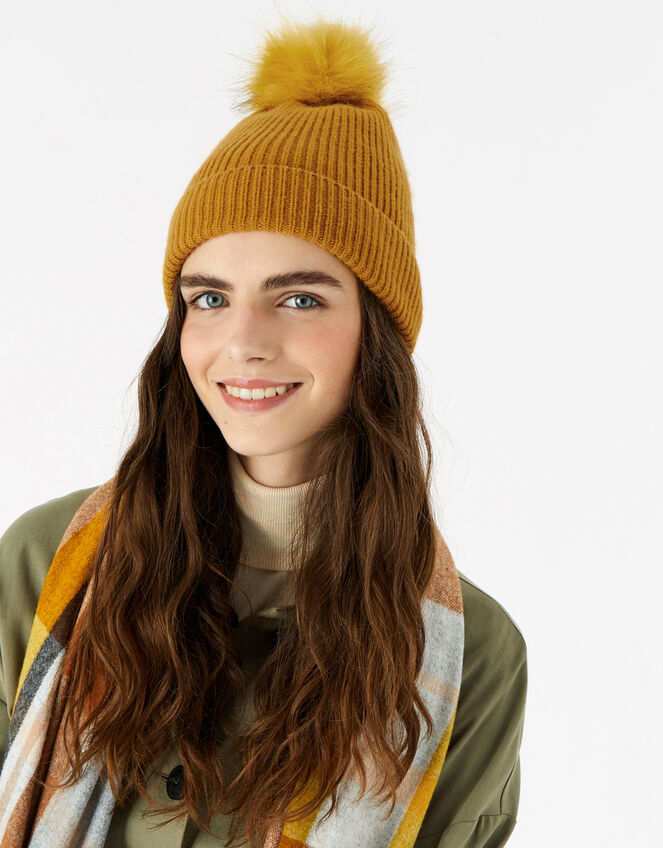 Knit Pom-Pom Beanie with Recycled Fabric, Yellow (OCHRE), large
