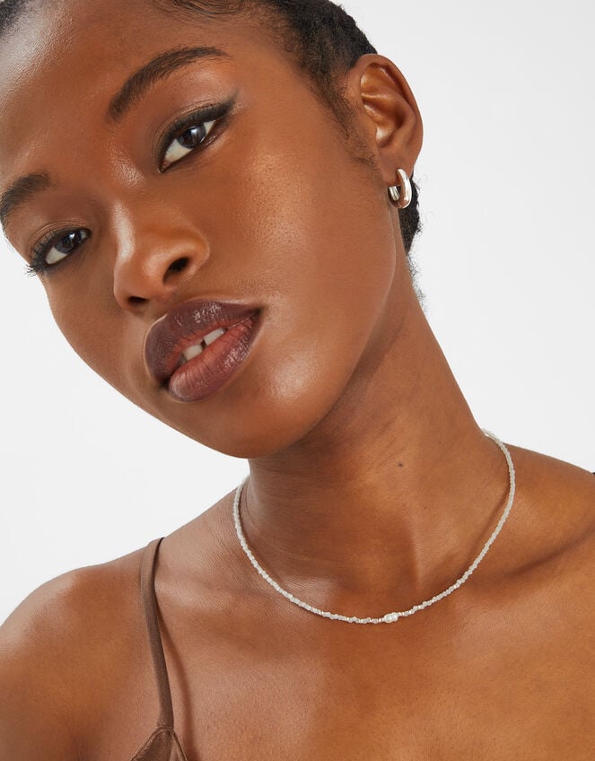 Sterling Silver-Plated Pearl Beaded Necklace, White (WHITE), large